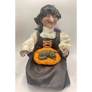 Vintage Gemmy Animated Halloween Witch in Chair Petting Cat Lights & Sound Works